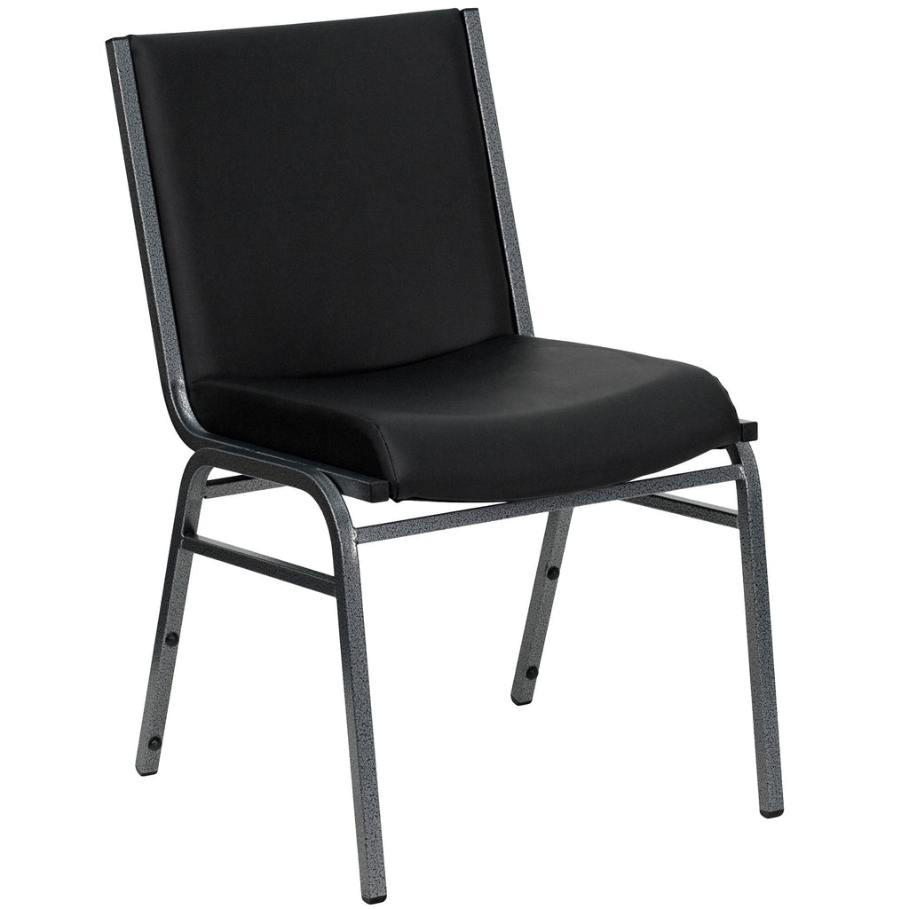A TITAN Hercules Series black vinyl stack chair with metal legs.