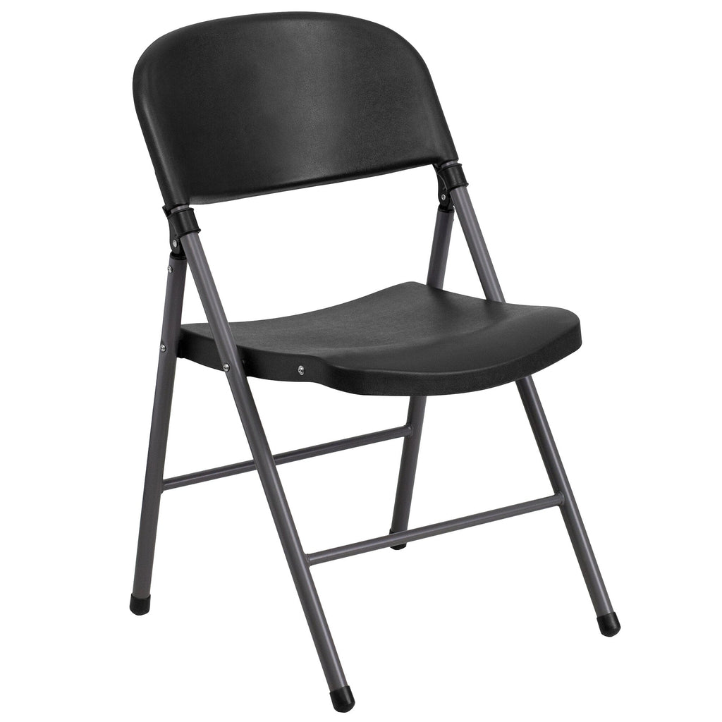 A TITAN black plastic folding chair with charcoal metal legs.