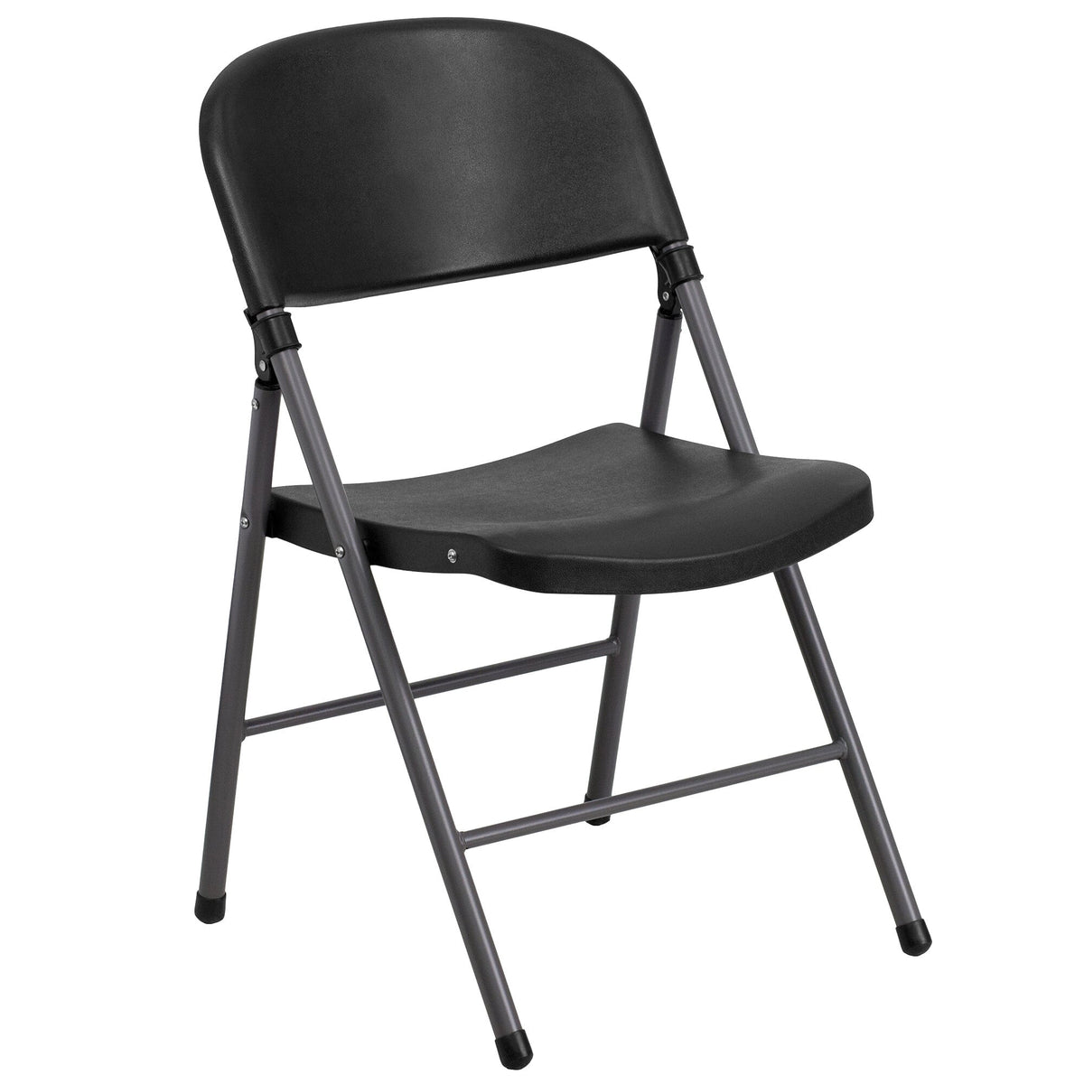 A TITAN black plastic folding chair with charcoal metal legs.