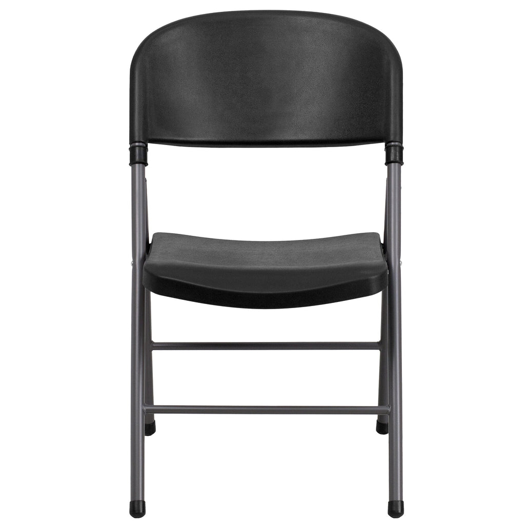 A black TITAN plastic folding chair with a charcoal metal frame and legs.