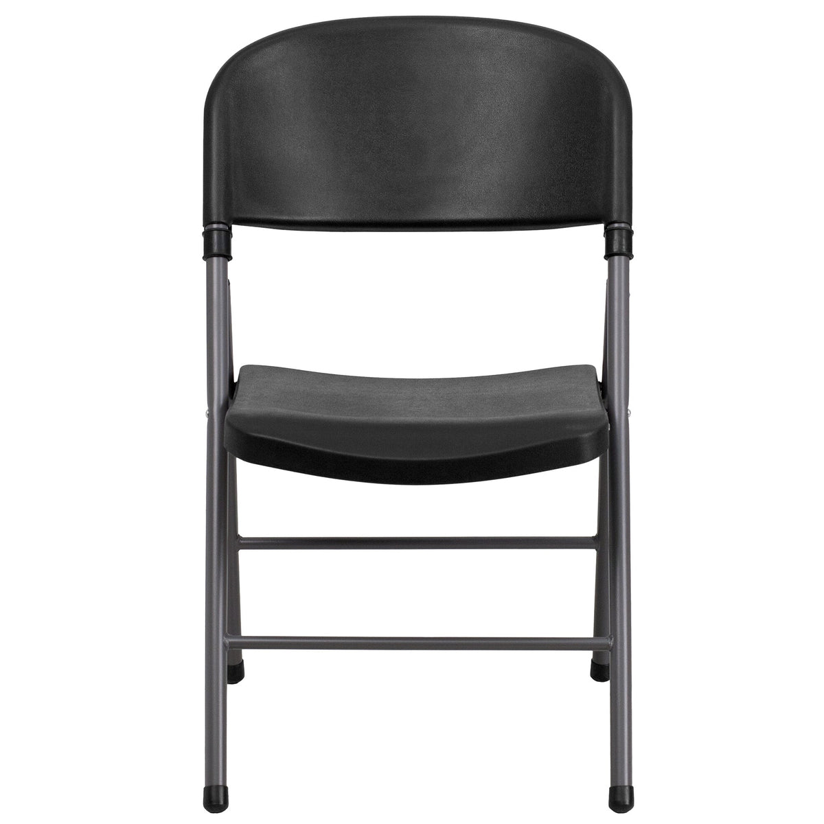 A black TITAN plastic folding chair with a charcoal metal frame and legs.