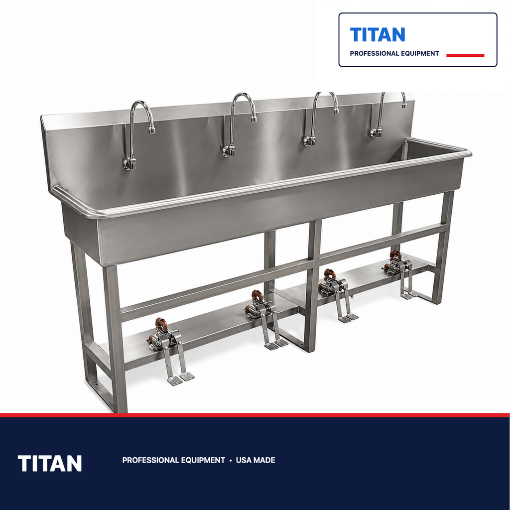 TITAN 4-Station Foot Pedal Scrub Sink – Model 1035-06-4 — professional mortuary equipment by TITAN
