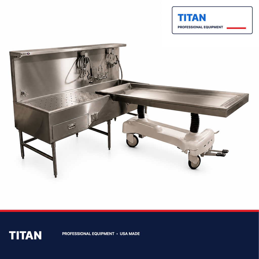 TITAN 1036-8R Right-Hand Embalming Sink Station — professional mortuary equipment by TITAN