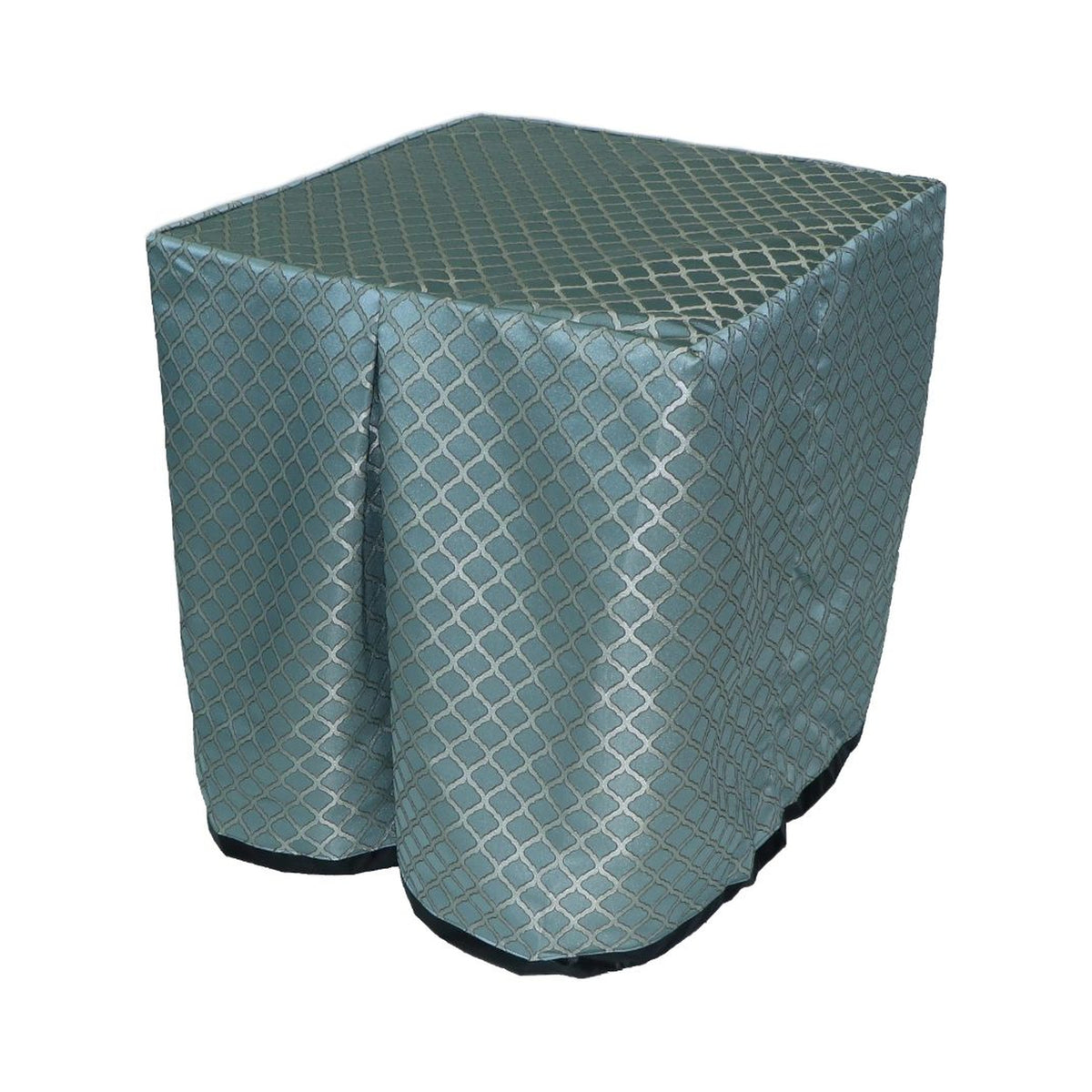 Square portable memorial display table in Beckington Mist, with a fitted fabric cover and skirt extending around all sides.