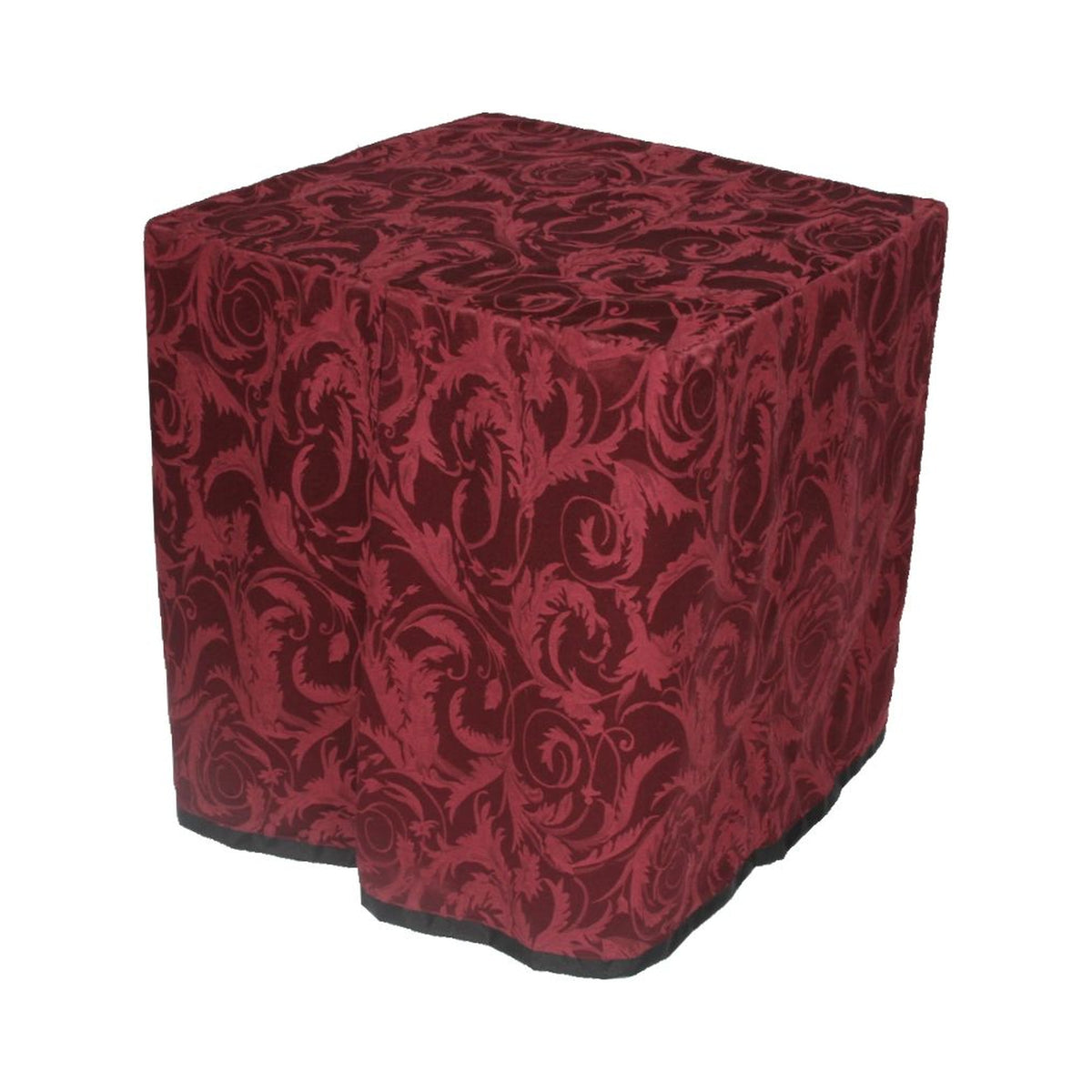 Square portable memorial display table in Bristol Burgundy, with a fitted fabric cover and skirt extending around all sides.