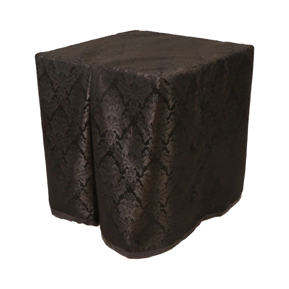 Square portable memorial display table in Carlisle Black, with a fitted fabric cover and skirt extending around all sides.