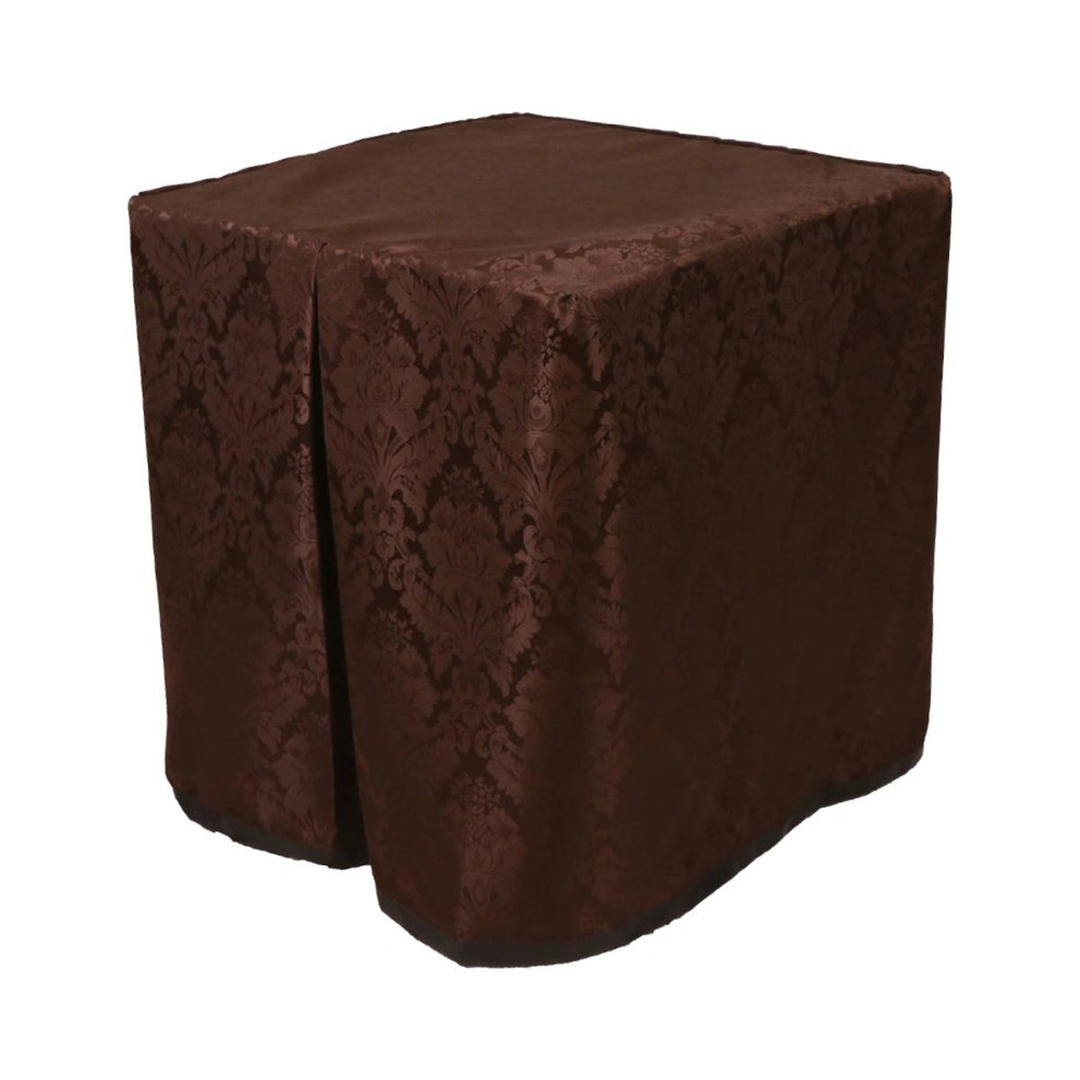 Square portable memorial display table in Carlisle Cocoa, with a fitted fabric cover and skirt extending around all sides.