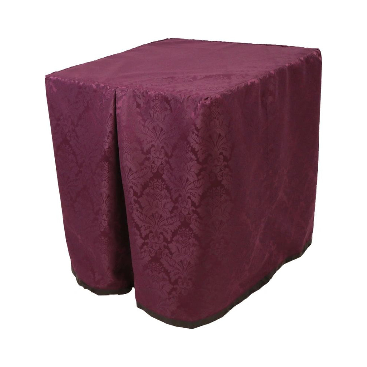 Square portable memorial display table in Carlisle Plum, with a fitted fabric cover and skirt extending around all sides.