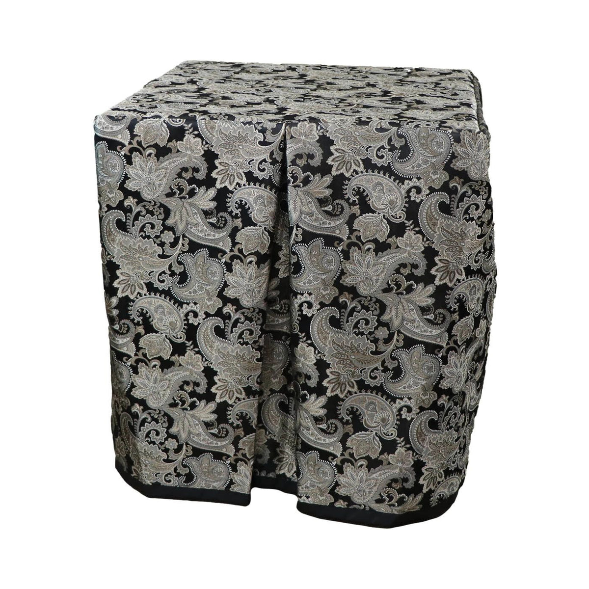 Square portable memorial display table in Cresswell Black, with a fitted fabric cover and skirt extending around all sides.