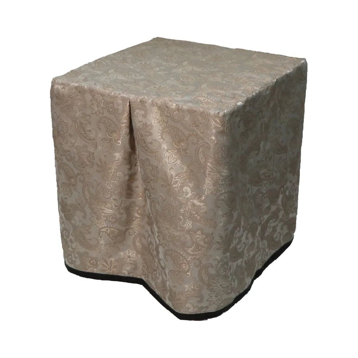 Square portable memorial display table in Cresswell Gold, with a fitted fabric cover and skirt extending around all sides.