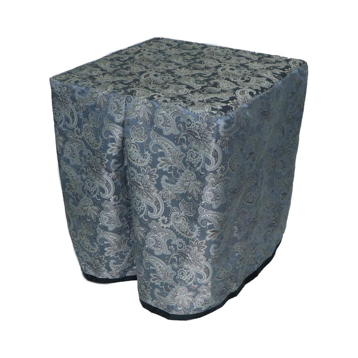 Square portable memorial display table in Cresswell Granite, with a fitted fabric cover and skirt extending around all sides.