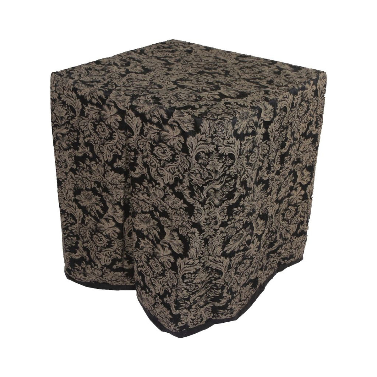 Square portable memorial display table in Kentmire Onyx, with a fitted fabric cover and skirt extending around all sides.