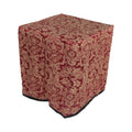 Square portable memorial display table in Kentmire Ruby, with a fitted fabric cover and skirt extending around all sides.