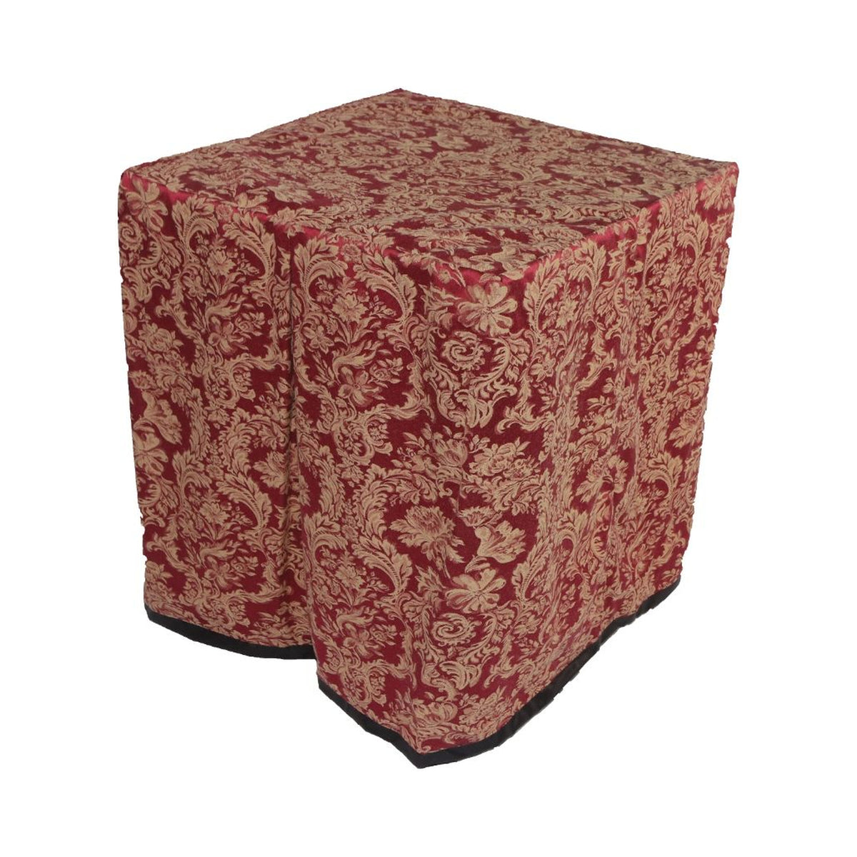 Square portable memorial display table in Kentmire Ruby, with a fitted fabric cover and skirt extending around all sides.