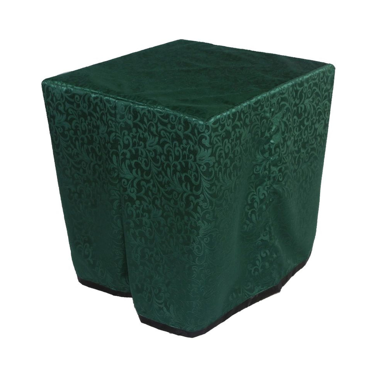 Square portable memorial display table in Stokely Hunter, with a fitted fabric cover and skirt extending around all sides.