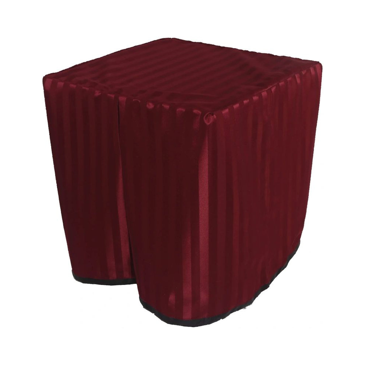 Square portable memorial display table in Williston Burgundy, with a fitted fabric cover and skirt extending around all sides.