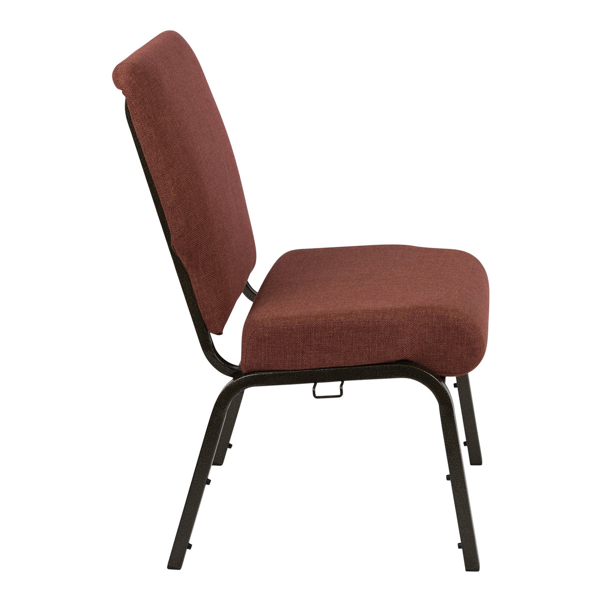 A cinnamon church chair with black metal legs.