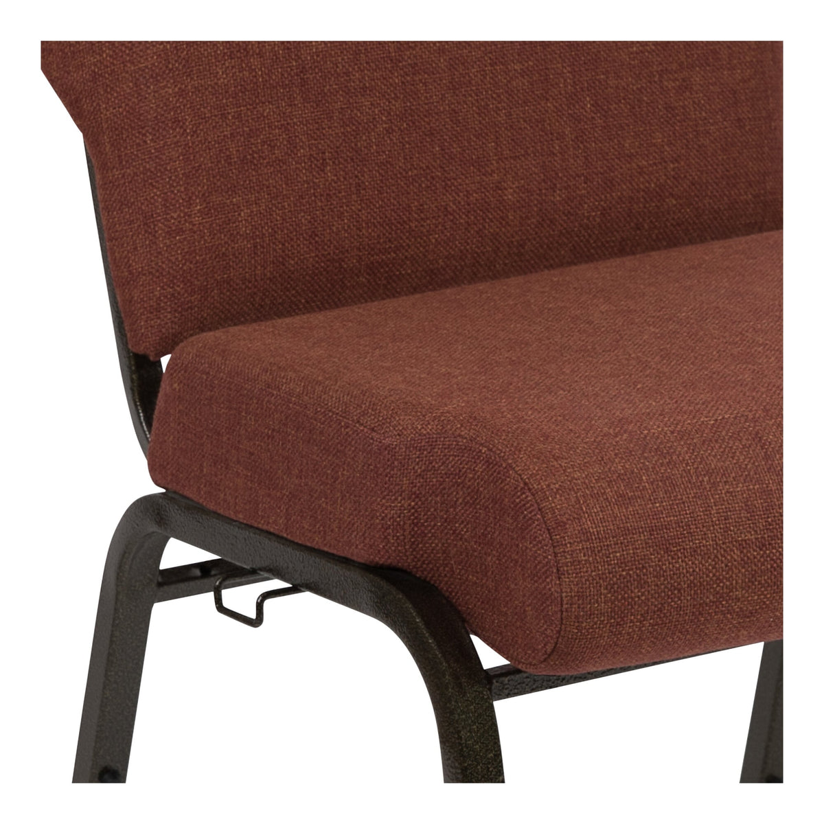 A TITAN cinnamon church chair with black metal legs.