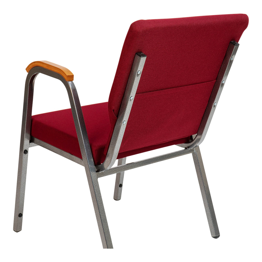 A TITAN burgundy church chair with metal legs and wood accent arms.