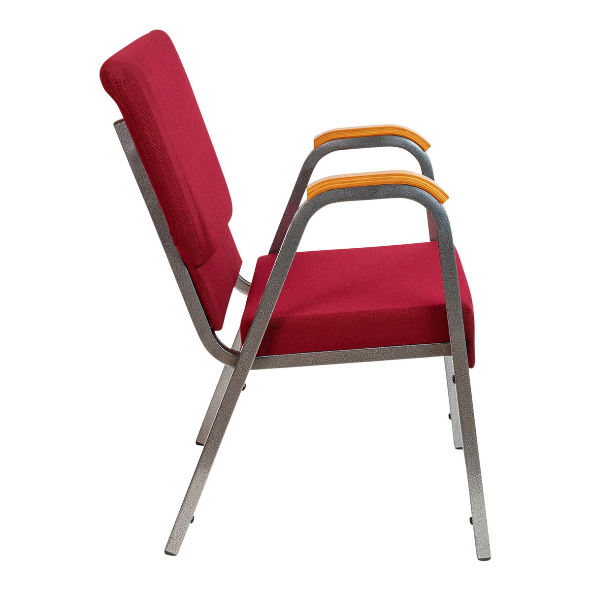 A TITAN burgundy church chair with silver frame and wood accents on the arms.