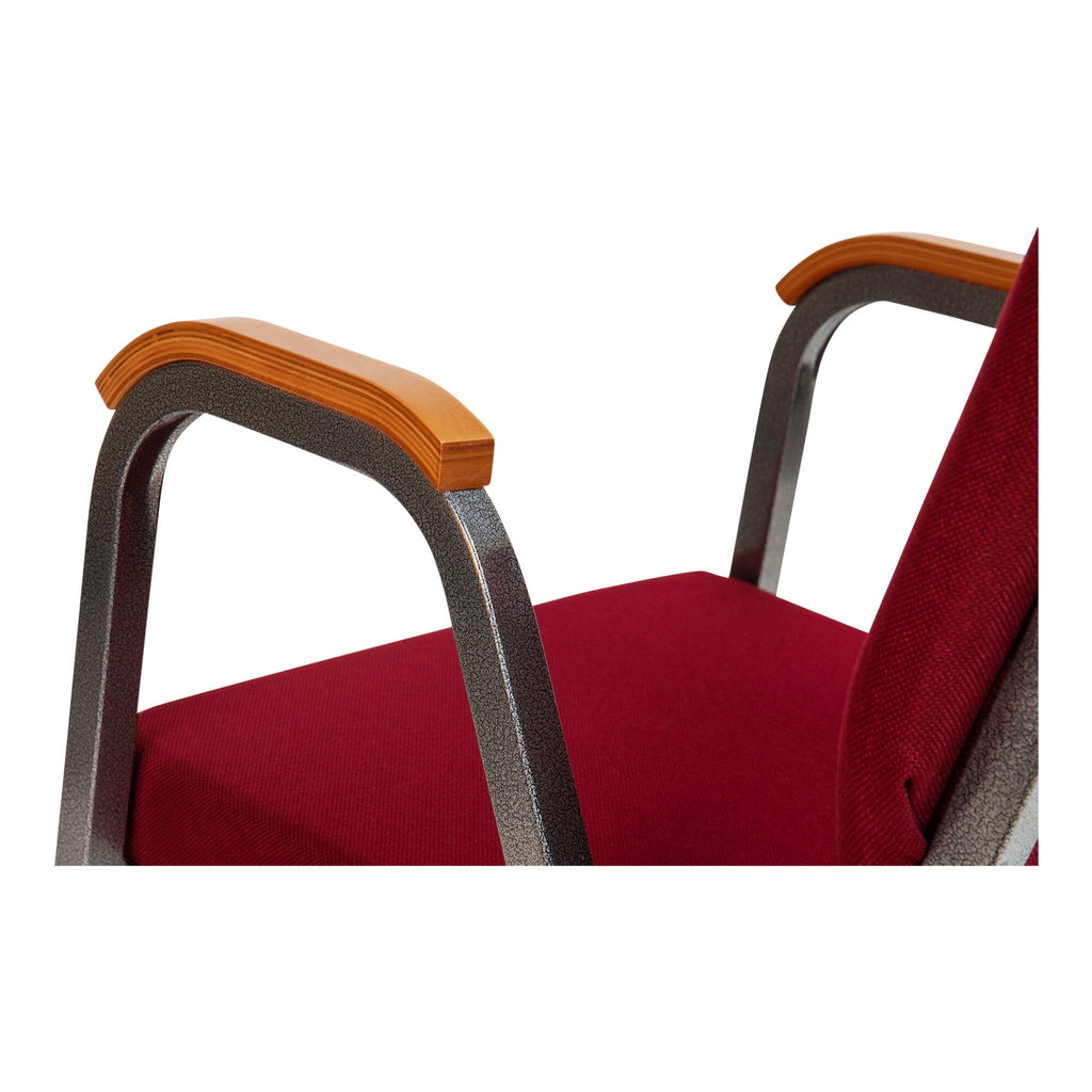 A TITAN burgundy church chair with silver vein frame and wood arms.