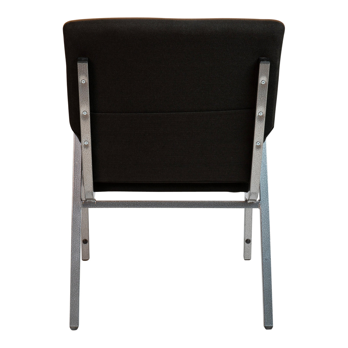 A black TITAN church chair with a silver vein metal frame and wood accents on the arms.