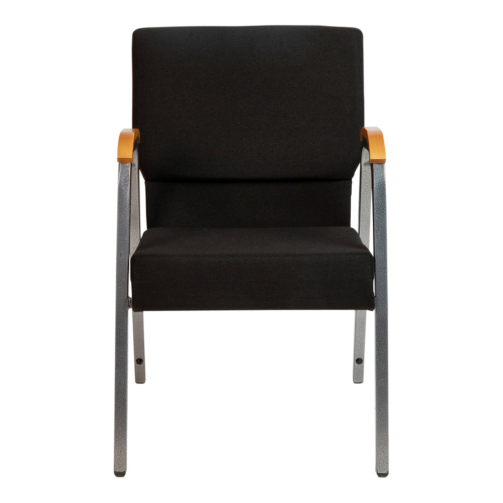 A black TITAN church chair with silver vein frame and wood accents.