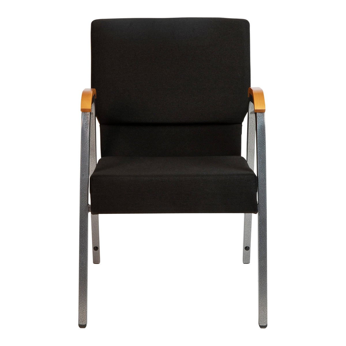 A black TITAN church chair with silver vein frame and wood accents.