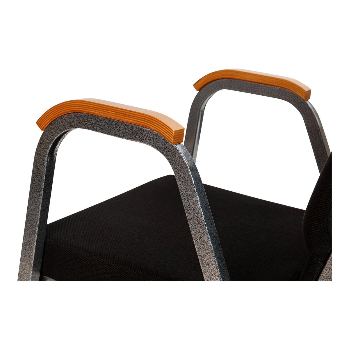 A TITAN black church chair with metal and wood accents.