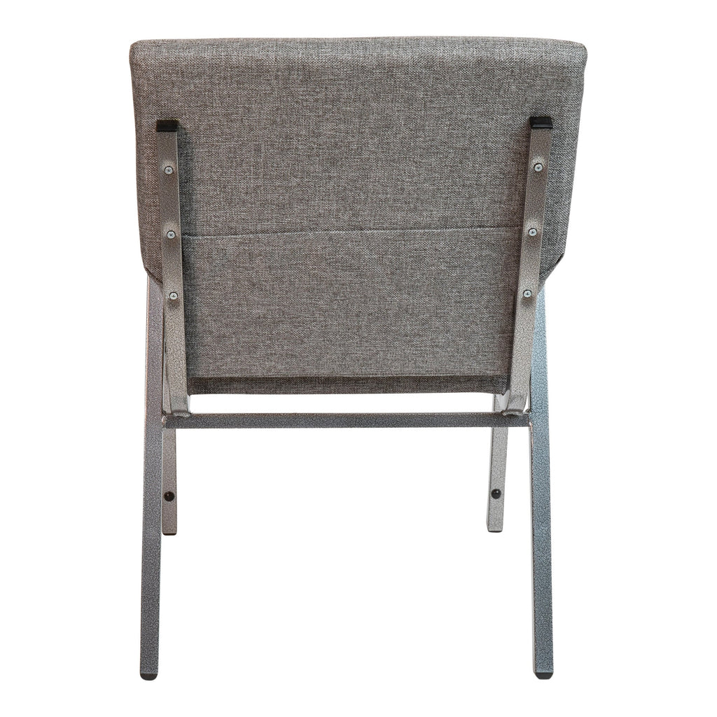 The back of a gray TITAN church chair with metal accents.
