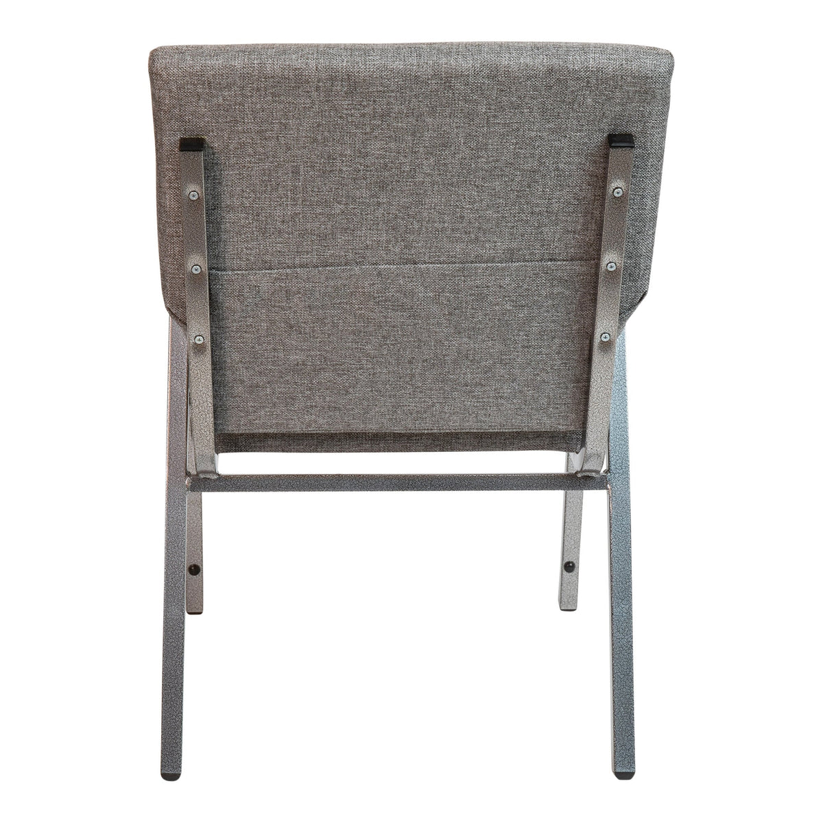 The back of a gray TITAN church chair with metal accents.