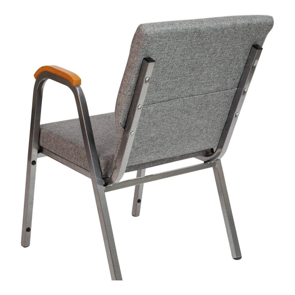 A TITAN gray church chair with wooden armrests.