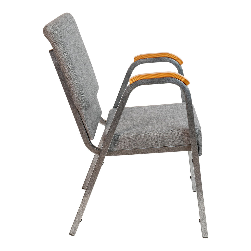 A gray TITAN church chair with wood armrests.