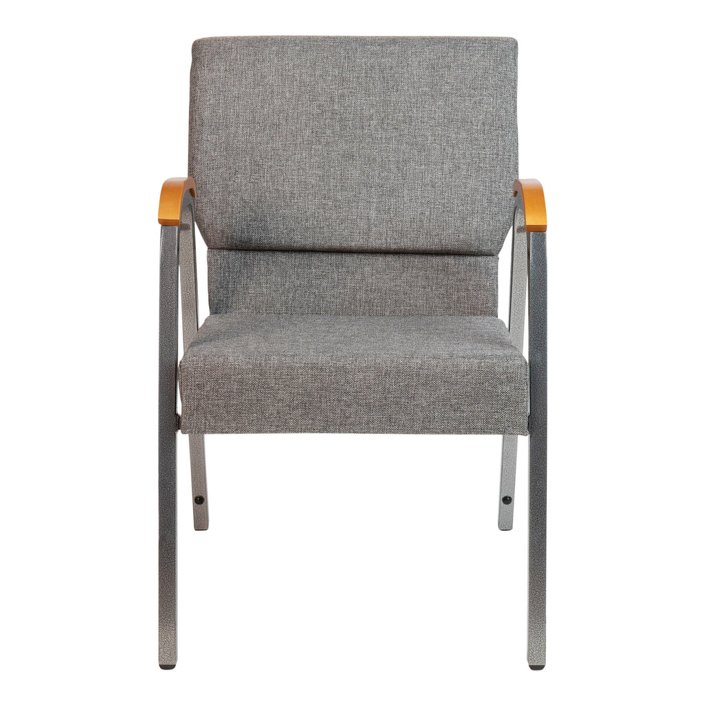 A TITAN gray church chair with wood accent arms and a silver vein frame.