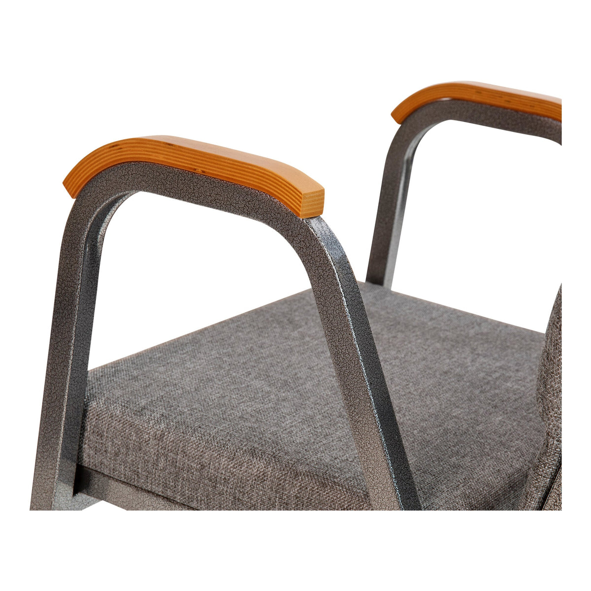 A TITAN gray church chair with wooden armrests and a silver metal frame.