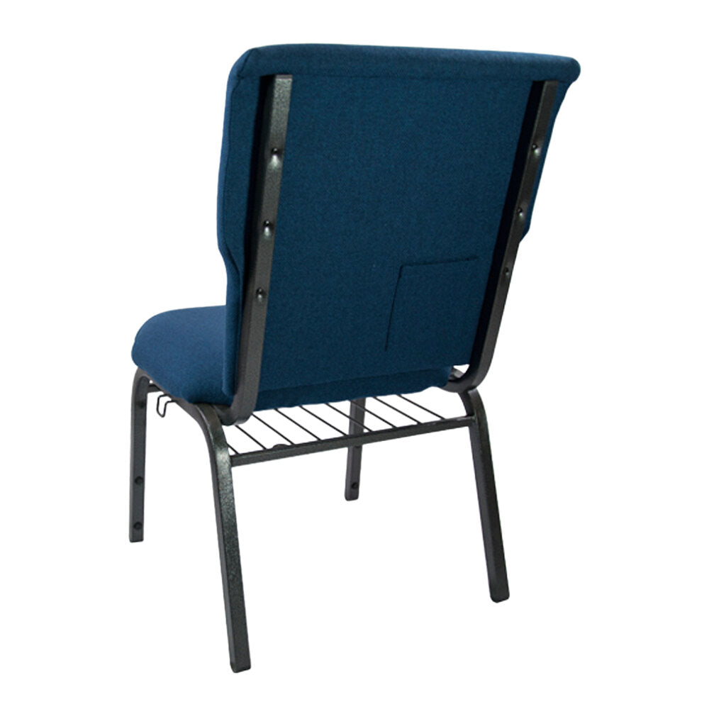A navy church chair with a black metal frame.