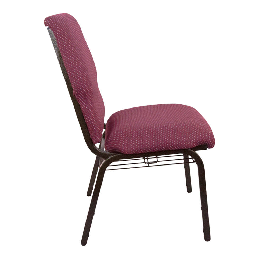 A burgundy church chair with a brown metal frame and patterned back.
