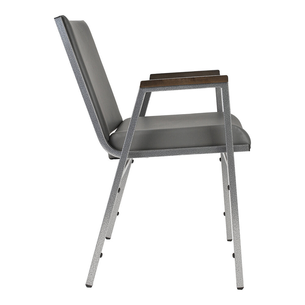 A side view of a gray chair with a cushioned seat and backrest, metal frame, and wooden armrests.