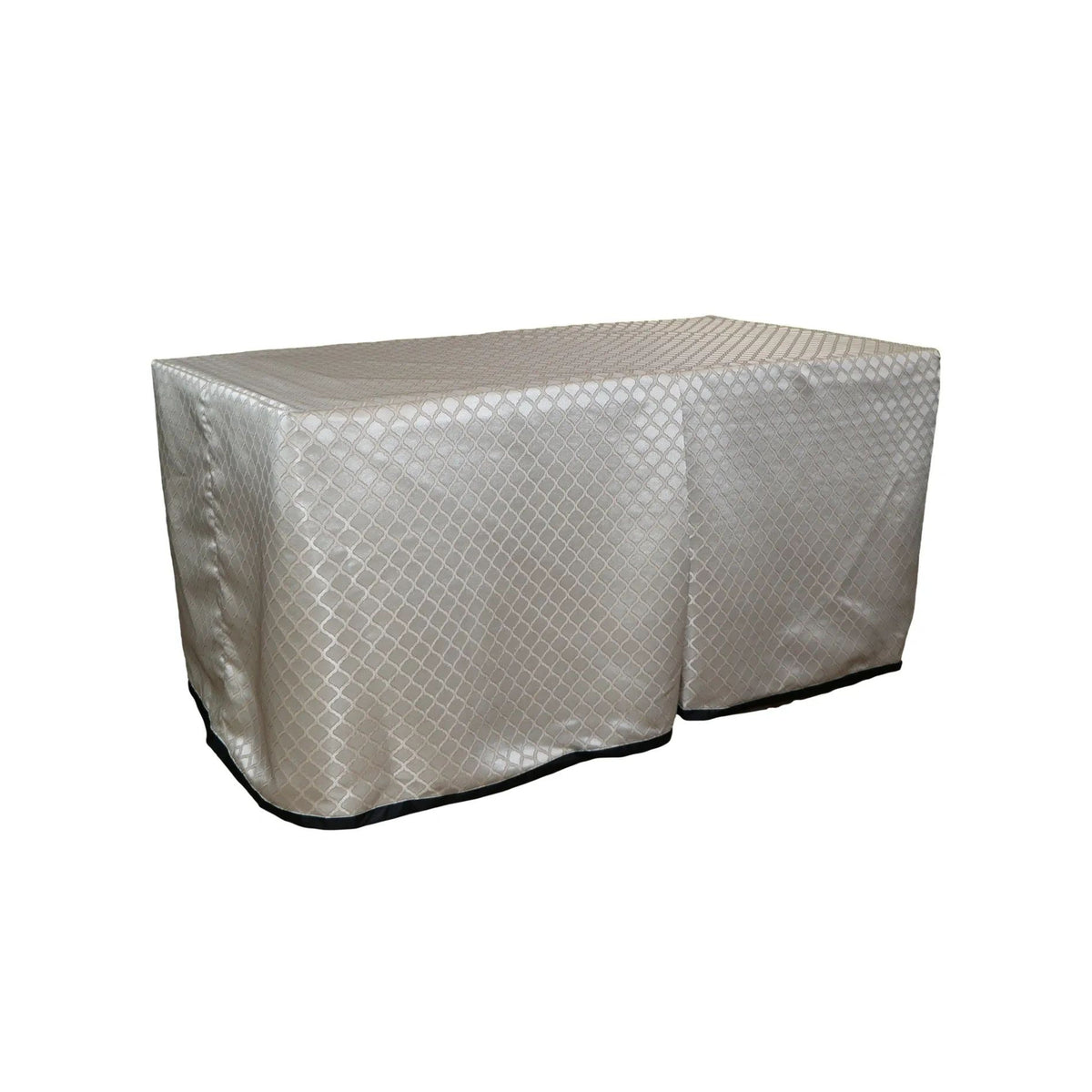 Beckington Gold cover fitted over a rectangular folding table, with a full-length skirt and overlapping front panels.
