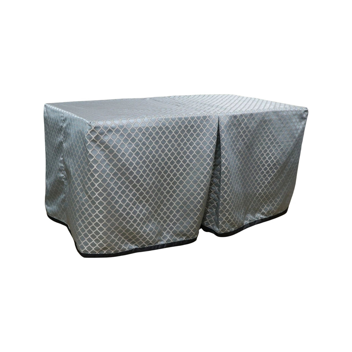 Beckington Mist cover fitted over a rectangular folding table, with a full-length skirt and overlapping front panels.