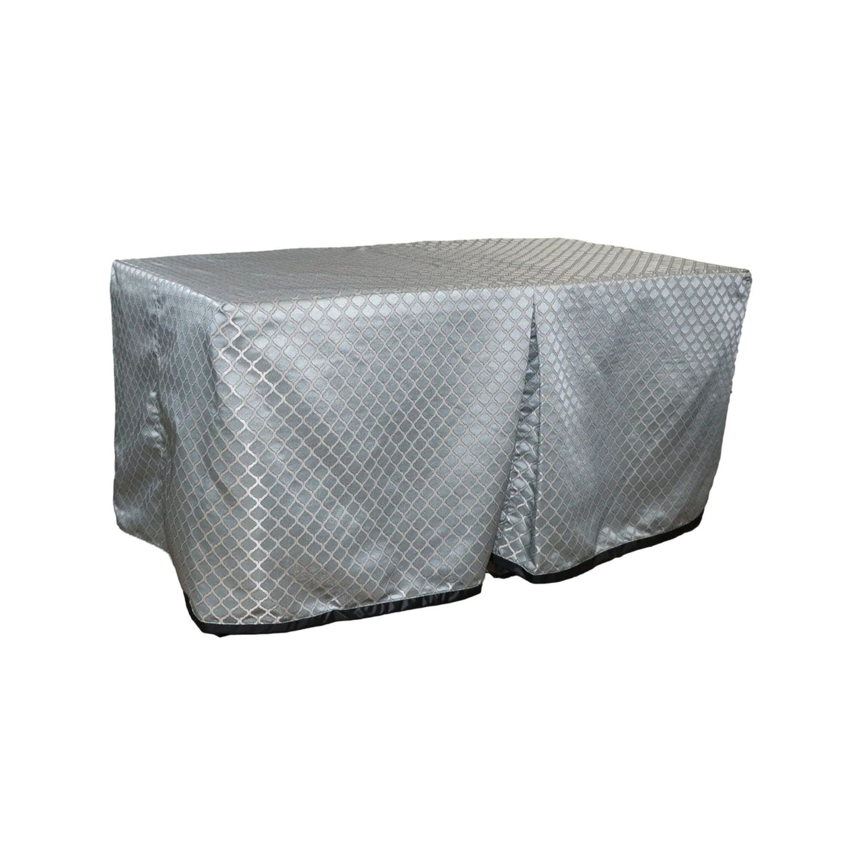 Beckington Silver cover fitted over a rectangular folding table, with a full-length skirt and overlapping front panels.