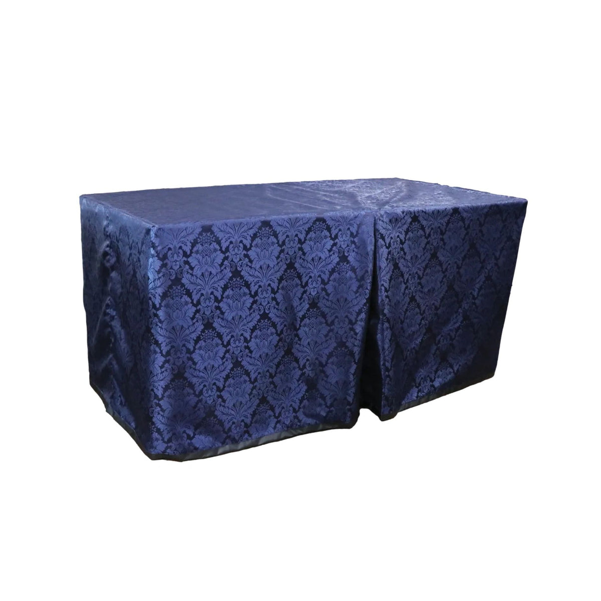 Carlisle Navy cover fitted over a rectangular folding table, with a full-length skirt and overlapping front panels.