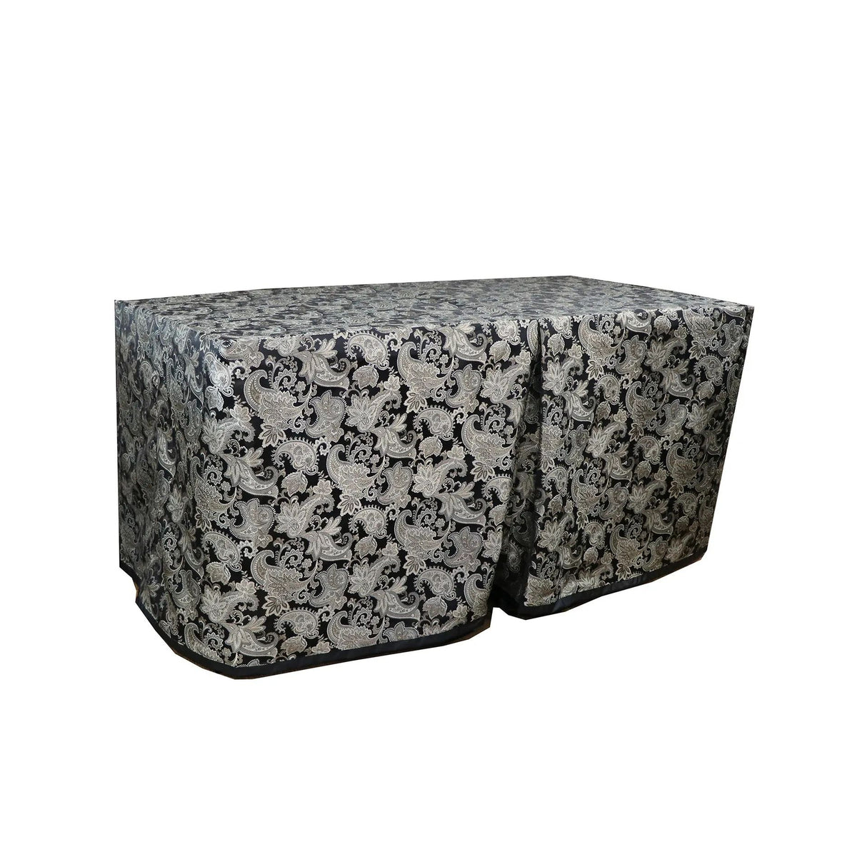 Cresswell Black cover fitted over a rectangular folding table, with a full-length skirt and overlapping front panels.