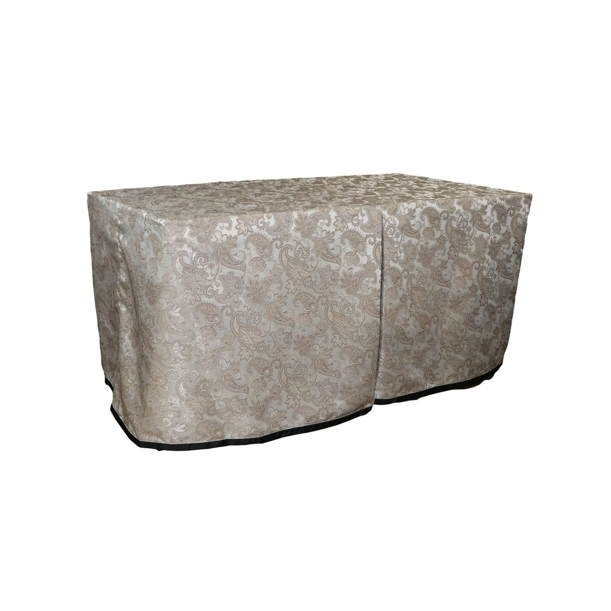 Cresswell Gold cover fitted over a rectangular folding table, with a full-length skirt and overlapping front panels.