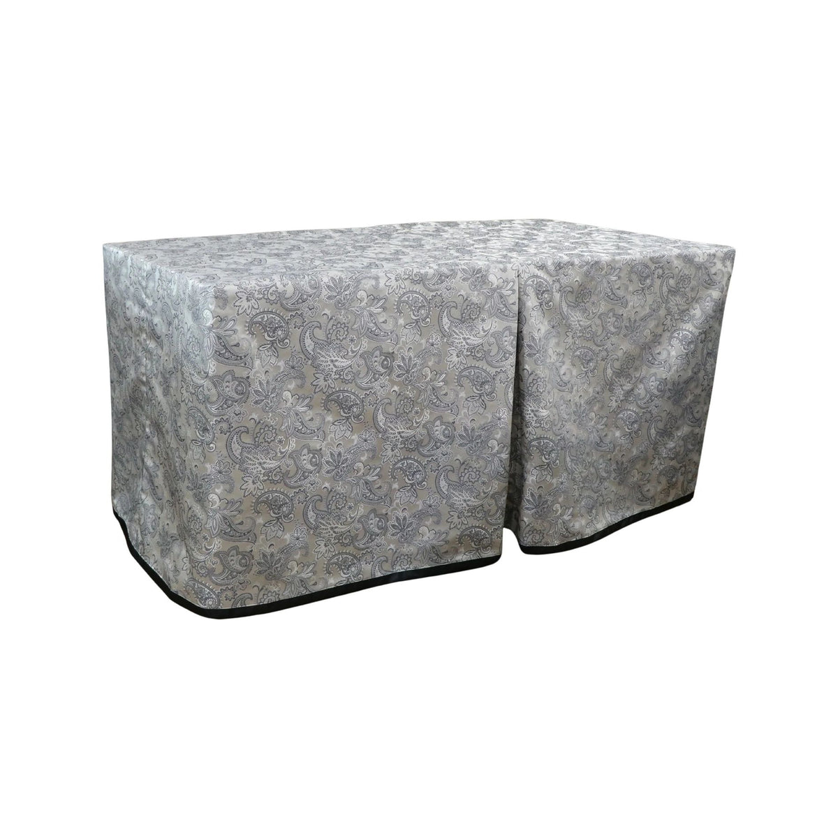 Cresswell Porcelain cover fitted over a rectangular folding table, with a full-length skirt and overlapping front panels.
