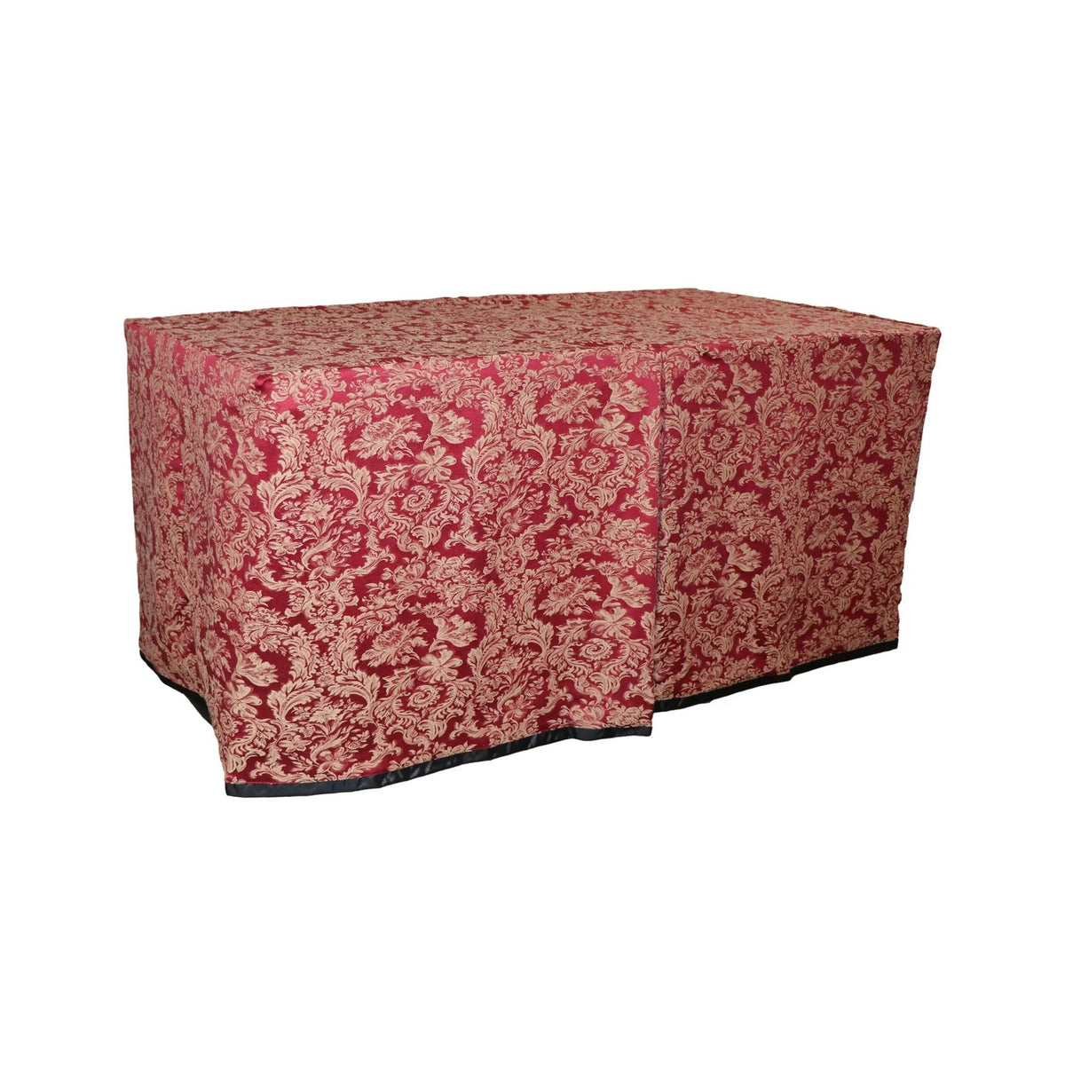 Kentmire Ruby cover fitted over a rectangular folding table, with a full-length skirt and overlapping front panels.