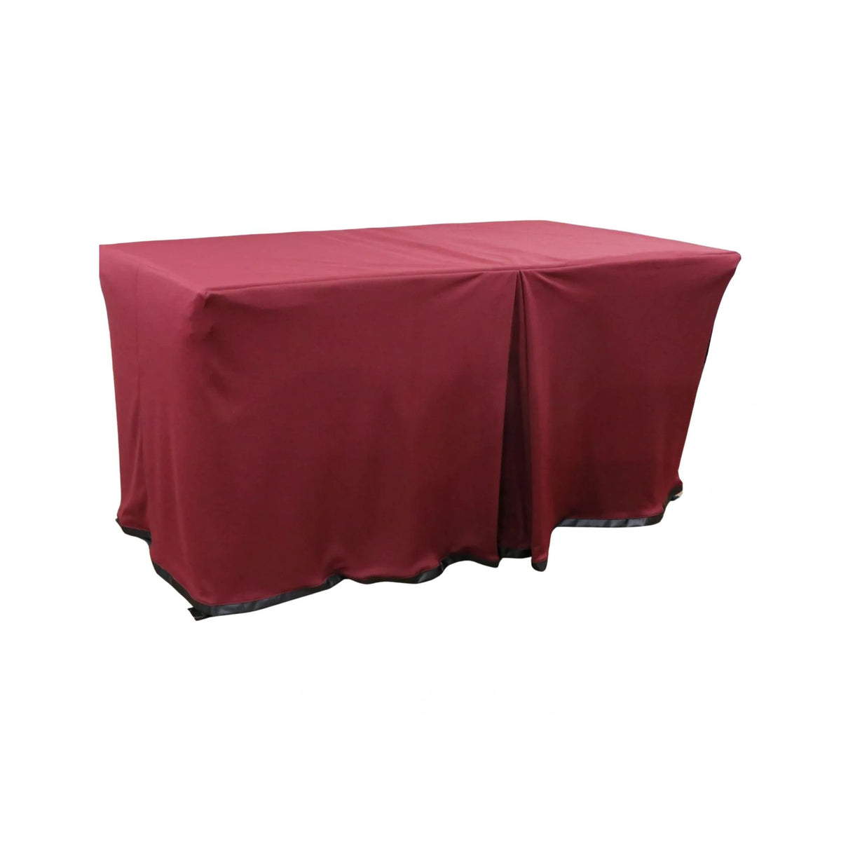 Performance Burgundy cover fitted over a rectangular folding table, with a full-length skirt and overlapping front panels.