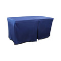 Performance Navy cover fitted over a rectangular folding table, with a full-length skirt and overlapping front panels.
