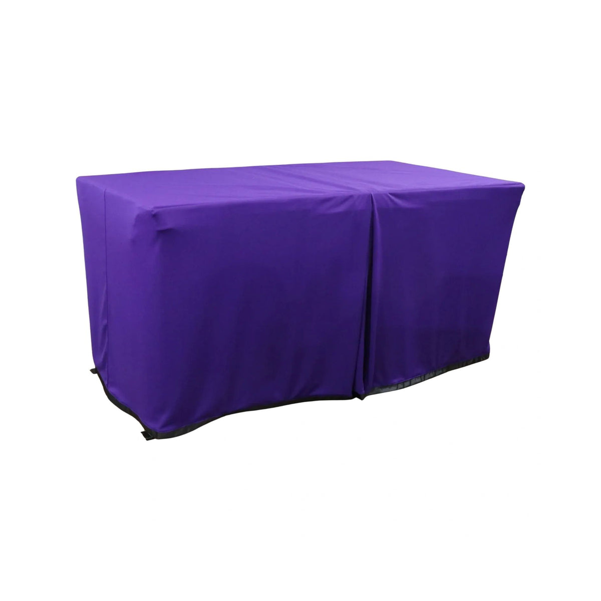Performance Purple cover fitted over a rectangular folding table, with a full-length skirt and overlapping front panels.