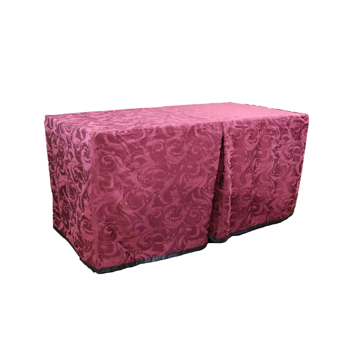 Portable memorial display table in Bristol Burgundy, with a fitted fabric cover and skirt concealing the table frame.
